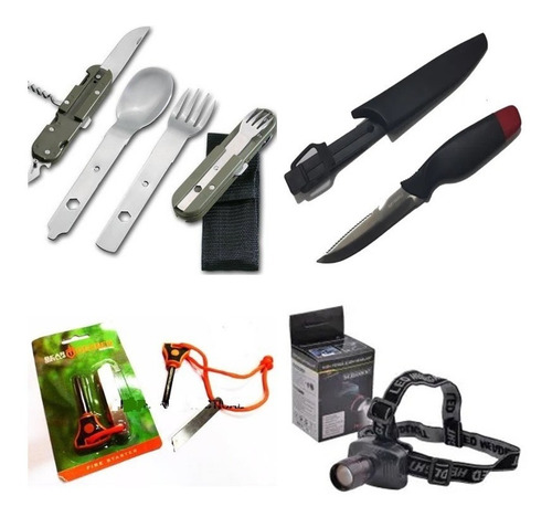 Set De Camping Cuchillo + Linterna + Cubiertos + Pedernal