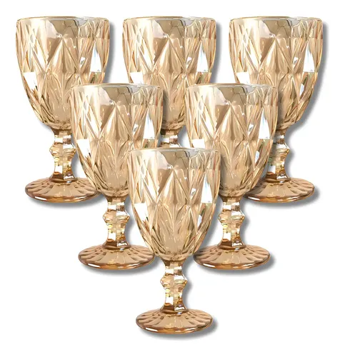 Jogo 6 Taças Diamond Vidro Bico Abacaxi Jaca Buffet Diamante Cor Âmbar Água Marinha Home Decor