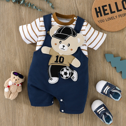 Conjunto Tierno Bebé Con Overol Y Estampado De Osito Y Rayas Azul 3-6 M