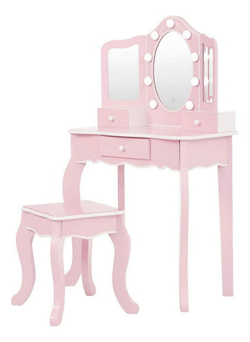 Juego De Tocador De Madera Con Banco Y Luces Infantil