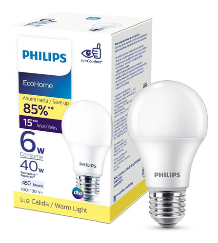 Foco Philips LED EcoHome 6W - luz cálida
