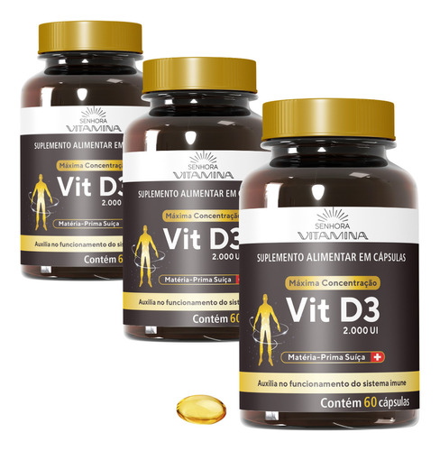 3 Potes Senhora Vitamina Vit D3 Mini Softgel com 2.000 Ui 180 Cápsulas