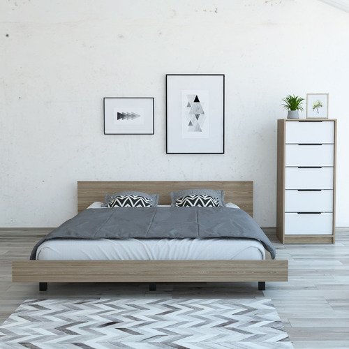 Cama 2 Plazas + Comoda 5 Cajones - Miel / Blanco