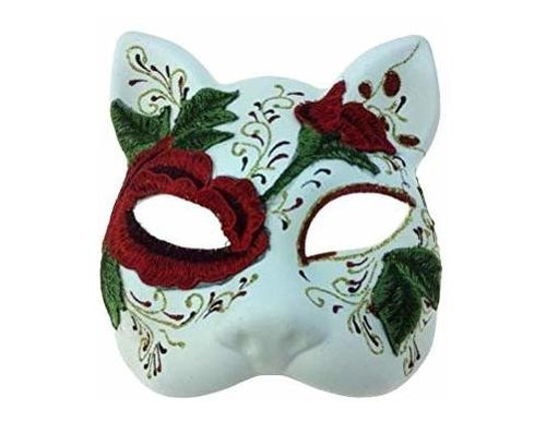 Dod Cat Costume Half Mask Animal Red Embroidered Flowers Adu