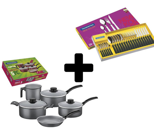 Kit Batería De Cocina 5 Pzs Turim + 24 Cubiertos Tramontina