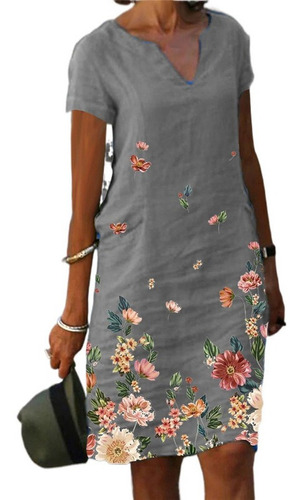 Vestido De Mujer De Lino Y Algodón Estampado De Verano 2022