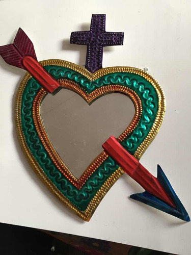 Corazon Hojalata 20 Cm Con Espejo Artesania Mexicana Detalle