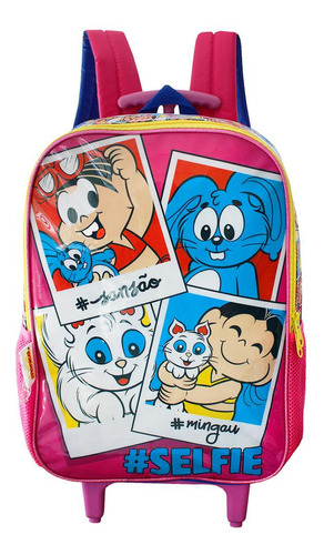 Mochila Escolar Rodinhas Turma Da Mônica & Sansão Infantil Cor Rosa Escuro Desenho do tecido Mônica & Magali