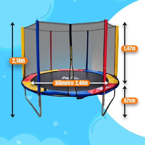Cama Elástica Completa Trampolim 2,44m Lona Black Molas Escada Tela De Proteção Com Zíper All Pula Pula