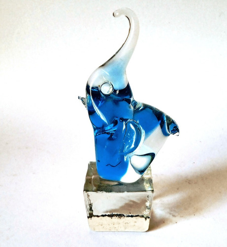 Figura Cristal Murano Vintage Elefante Azul Base Cubo Transp
