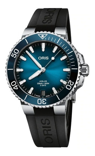 Reloj Oris Aquis Date Calibre 400 Caucho Original Caballero Correa Negro Bisel Azul Fondo Azul