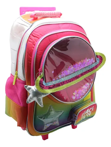 Mochila Escolar Cresko Brillos Glitter 18p Carrito Rueditas