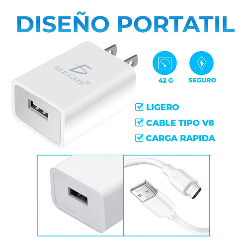 Cargador Portatil Con Cable Micro Usb V8 Usb 5v 2a Color Blanco Ele-Gate