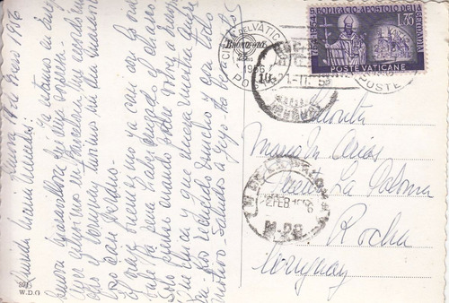 1956 Raros Destinos Postal Del Vaticano A La Paloma Rocha Uy