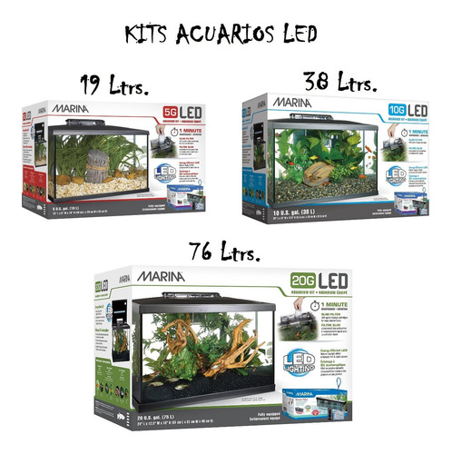 Kit De Acuarios De Vidrio Led Marina 3 Tamaños 19/38/76 Ltrs