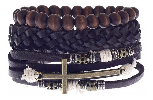 Pulsera Brazalete Hombre Cuero Sintético 3 En 1 Dije Cruz