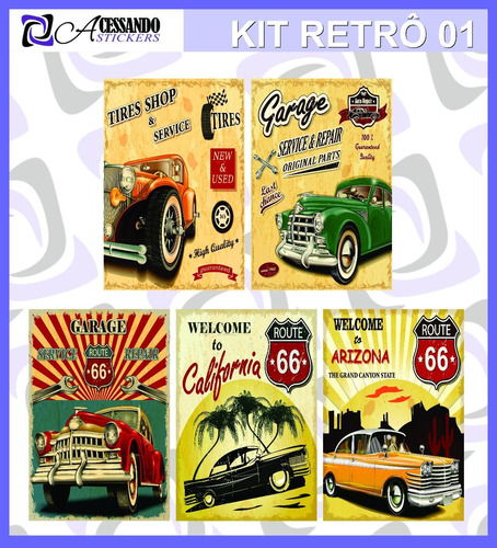 Kit De 5 Adesivos De Parede Retrô Kombi Carro Vintage Varios