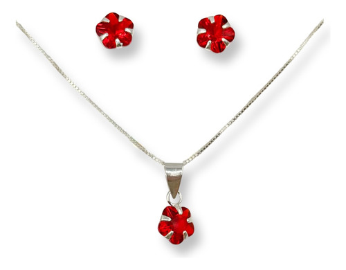 Conjunto Collar Aros Colgante Flor Circon Rojo Plata Ley 925