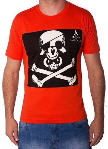 Camiseta Barrocco Caveira Mickey Laranja 100% Algodão