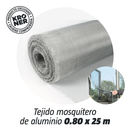 Tejido Tela Mosquitero Aluminio Rollo 0.80 X 25 Mts Kroner