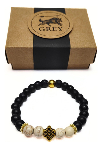 Pulsera Hombre Nudo Celta Dorado, Piedra Marfil Y Negra