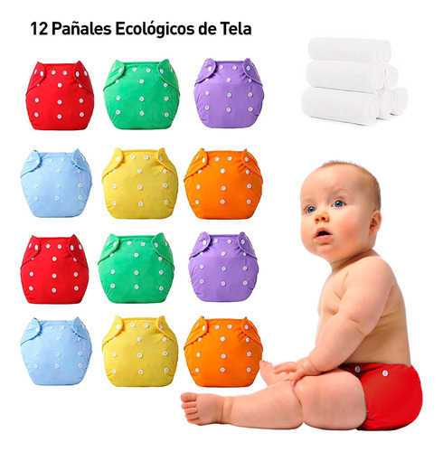 12 Pañales Ecológicos De Tela Reutilizables  12+12 Insertos