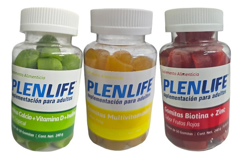 Kit C/3 Botes Gomitas Biotina, Ca, Multivit 50 Pzs. Plenlife