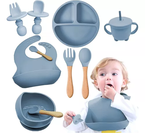 Juego de 8 piezas de alimentación para bebés, juego de vajilla de silicona  de grado alimenticio, juego de cubiertos y platos de ardilla para bebé