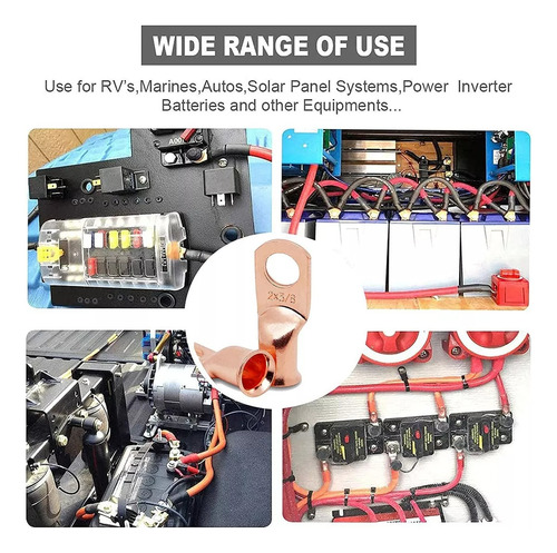 10 Terminales De Batería De Cable 100% Cobre, 1/0 Awg-3/8 Ocre