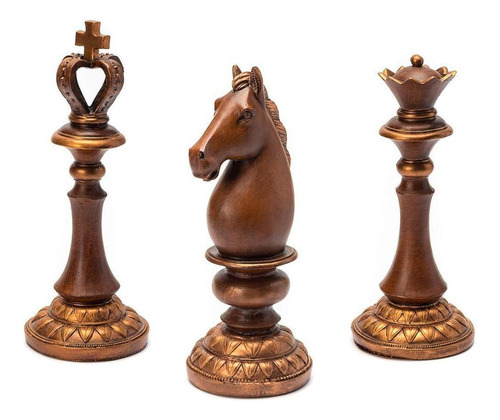 Trio De Peças Do Xadrez Decorativas Em Resina Bronze