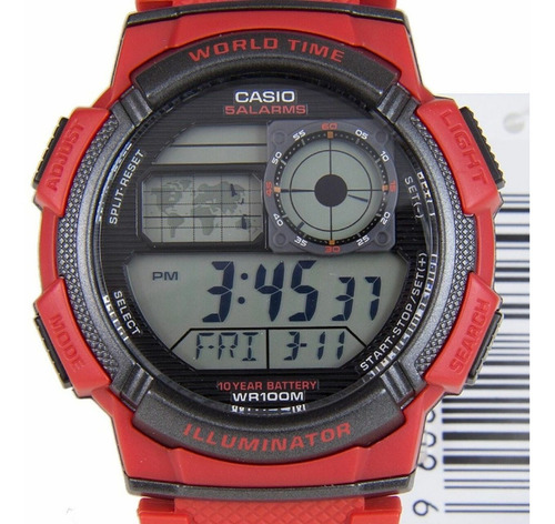 Reloj de pulsera Casio Youth Series AE-1000 de cuerpo color rojo, digital, para hombre, fondo negro, con correa de resina color rojo, dial negro, subesferas color gris, minutero/segundero negro, bisel color negro, luz ámbar y hebilla simple