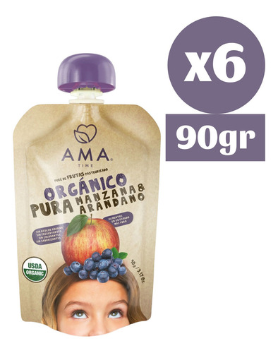 6x Ama Pure Fruta Manzana Arandano Orgánico Papilla Compota