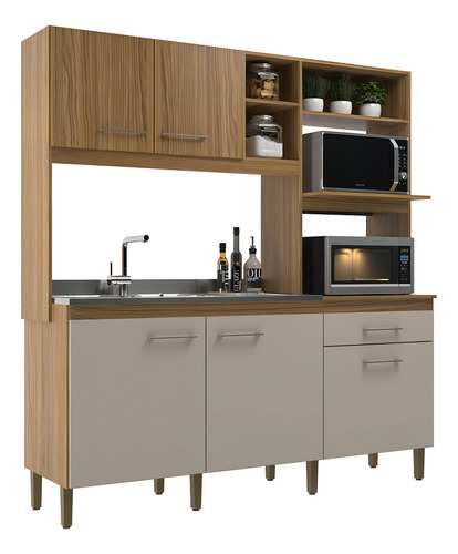 Cocina compacta de 5 puertas y 1 cajón IPê/Cristalo, color decibal, marrón claro