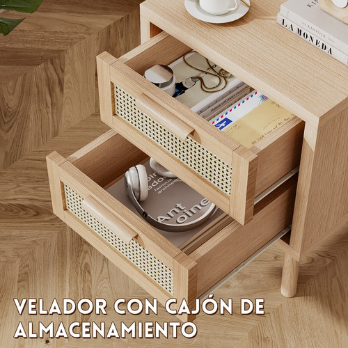 Velador Con Rattan De Madera Con 2 Cajón 40x40x58 Cm Ocre
