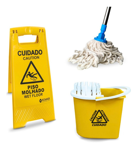 Esfregão + Cabo + Balde Com Espremedor + Placa Piso Molhado