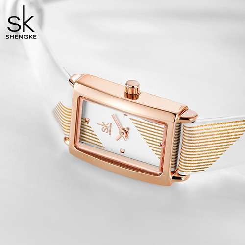 Relojes De Cuarzo De Cuero Cuadrados De Lujo Shengke Color De La Correa Blanco