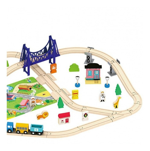 Imagen 3 de 7 de Tren Vias 65 Pzs Pista Puente Y Animales Madera Acool Ac7509