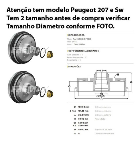 Tambor De Freio Traseiro 180mm Peugeot 206 1.4
