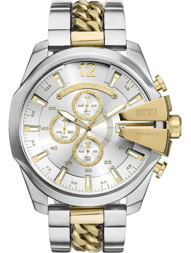 Relógio Diesel Masculino Mega Chief White Dial Dz4672b1.s2sk Correia Prateado Bisel Prateado Fundo Prateado