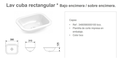 Imagen 2 de 5 de Bacha Rectangular Roca Cuba 39x31 Bajo Sobre Encimera P