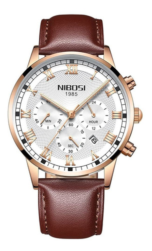 Reloj Hombre Nibosi G2339p Cuarzo 42mm Pulso Marron En Cuero