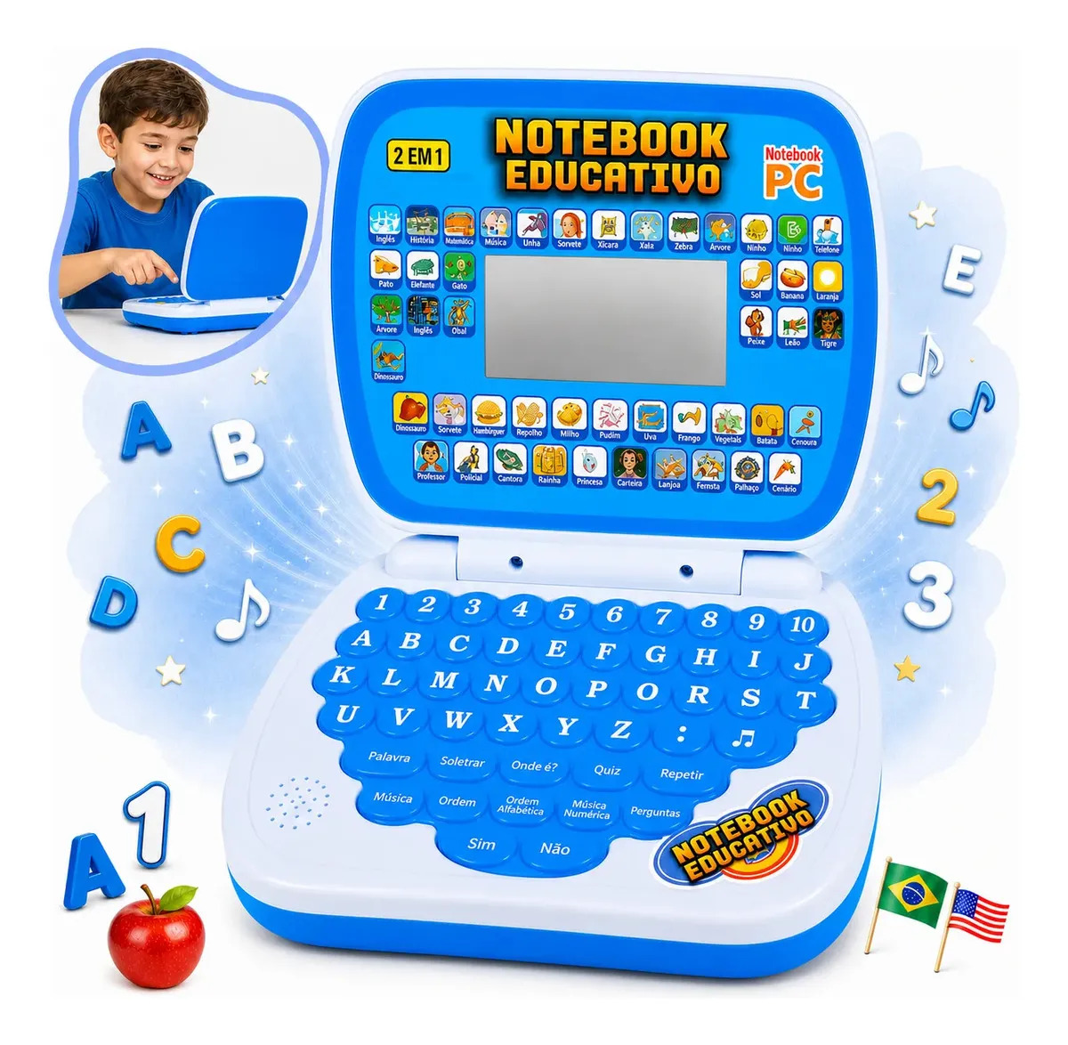 Laptop Notebook Infantil Educativo Menino Menina Estudo Bilingue Inglês Português Notebook Presente Kizumba Cor Azul