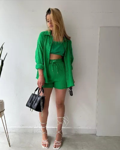 Conjunto Casual De Camisa Con Solapa Y Pantalones Cortos De