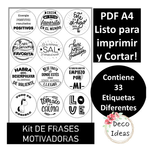 Imagen 4 de 5 de Kit Imprimible 06 Frases Motivadoras Stikers Tag Topper