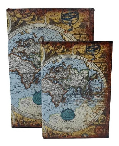 Kit Com 2 Caixas Em Formato De Livro Decorativa Mapa Globo