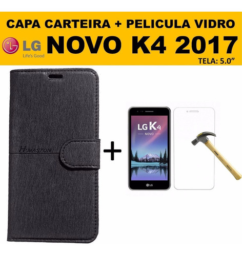 Pelicula Vidro + Capinha Carteira Couro LG K4 Dual X230 2017