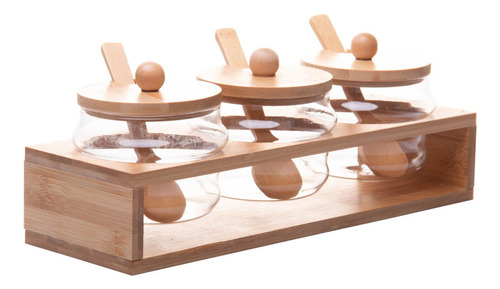 Conjunto 3 Potes em Vidro Borossilicato Com Tampa Hermética Colher Suporte Rack em Bambu 280ml - Wolff
