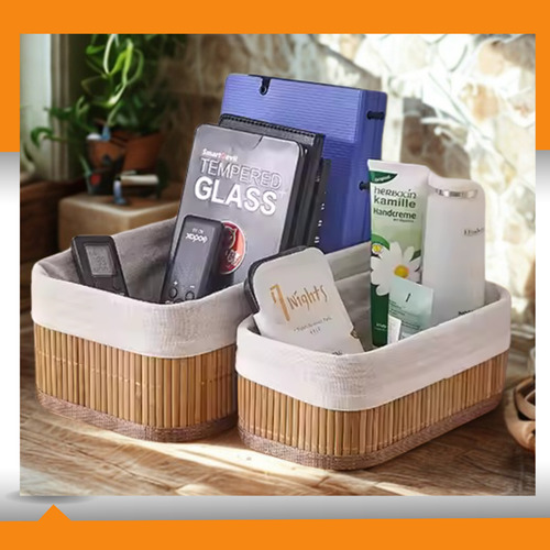 Kit 3 Cestos Caixa Organizador Bambu Tecido Multiuso Forro