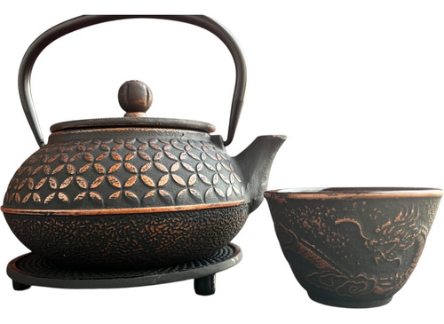 Tetera Hierro Sakura+posa Tetera+1cuenco Enlozado Infusor Negro Con Cobre