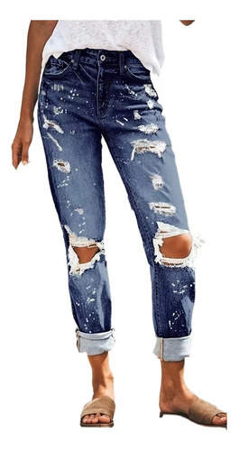 Jeans Estampados De Pierna Recta Rasgada De Moda Para Mujer